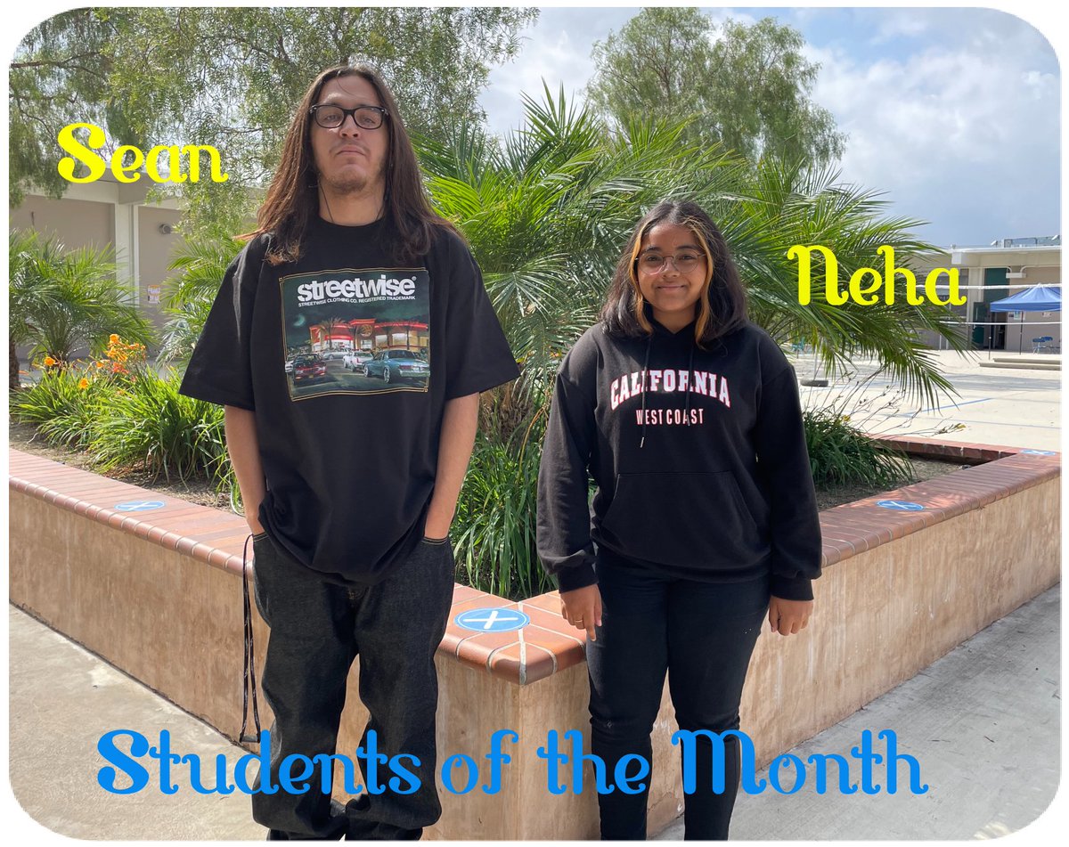 THSSaints's tweet photo. Students of the Month
Congrats to Seniors Neha Patel and Sean Huertas!  Both students are straight-A students with flawless attendance.  Neha plans to return to Gahr at the semester and Sean will remain at THS and graduate with the Saints Class of 2022.  #abcstories https://t.co/5NsOYWHVyh