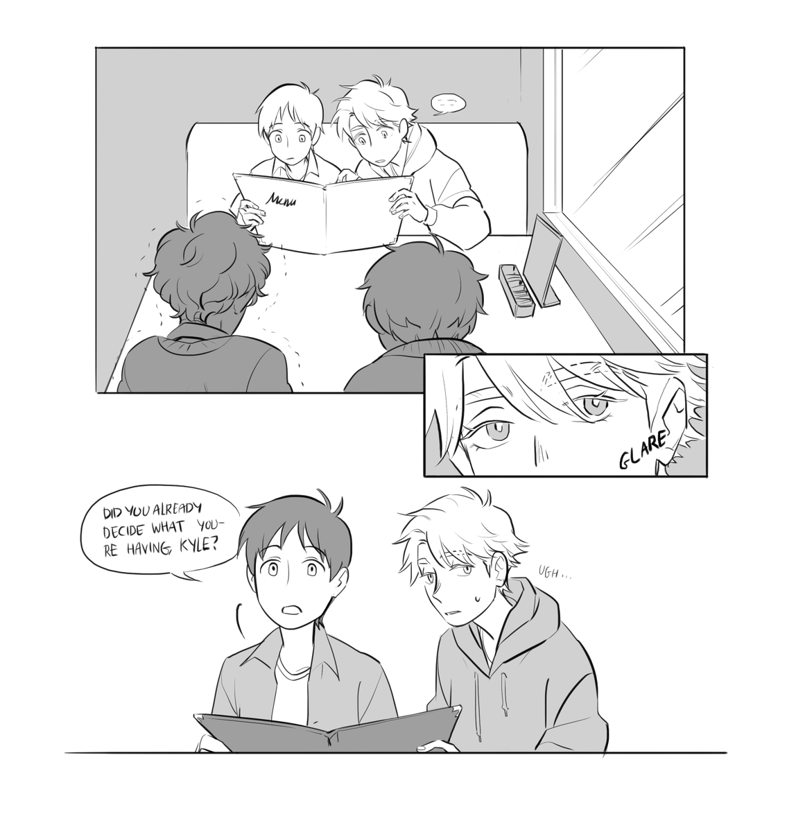 ⚠️warning for implied nsfw

part 1
more in the series of kyman/stenny dynamic in restaurants - this time bringing forth basu and mine's headcanon for ugly PDA couple kyman and their victim, stan 😔
this is my take, but basu has her own and it's coming really soon!! 😉 