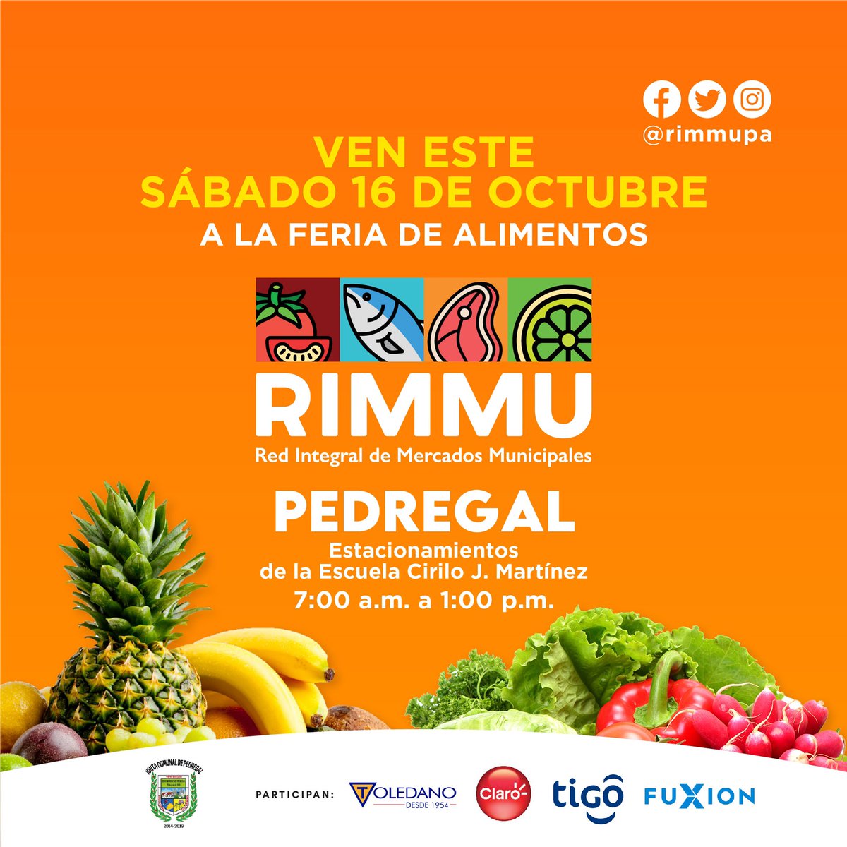 rimmupa's tweet photo. #RIMMU te espera este sábado de 7:00am a 1:00pm en Pedregal con alimentos de calidad a bajo precio y más cerca de ti.

¿Qué encontrarás? Legumbres y vegetales variados, frutas nacionales e importadas, carnes y mariscos frescos, productos secos y comida criolla.

 #comida #panama https://t.co/4S27S44GNm