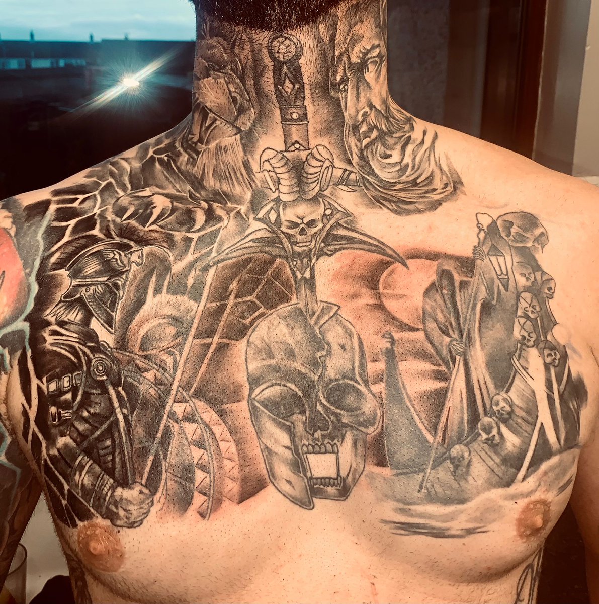 RabHuxley's tweet photo. More added to the chest #tattoocoverup #tattoo #necktattoos #necktattoo #throattattoo #myticalgod #spartans #ink2021 #zeus⚡️ #zeus #zeustattoo #zeusmethod #godofthunder #greekmythology #greekgodstattoo #greekgod #art #tattooart #beardsandtattoos #blackandwhitetattoo #ink https://t.co/Ga4qOTshJr