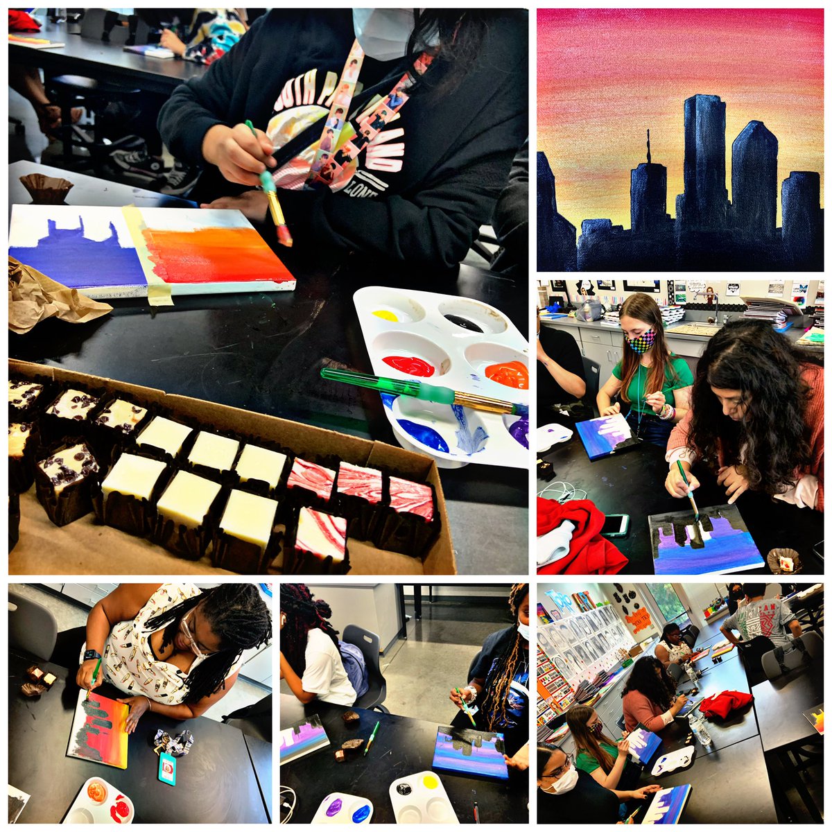 CoachKersh's tweet photo. SCRY club painting #Houston cityscapes and sampling cheesecake. Oh yeaaaaah! @AldineISD
#TuesdayFeeling 
@AldineArt @JonesMS_AISD #Houston #CityScape https://t.co/JhNkiasgDe