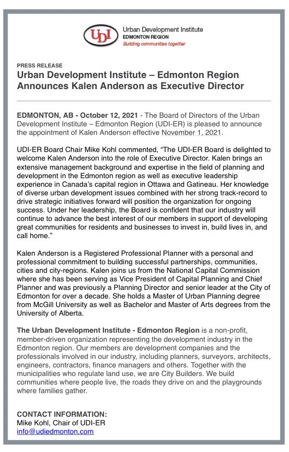 After a rich experience <a href="/NCC_CCN/">National Capital Commission</a> leading a fabulous team who plan &amp; build a national capital that’s a source of pride for all Canadians, I’m thrilled to be joining @udiyeg as Executive Director next month to help #yegmetro communities and industry grow. #citybuilding #development