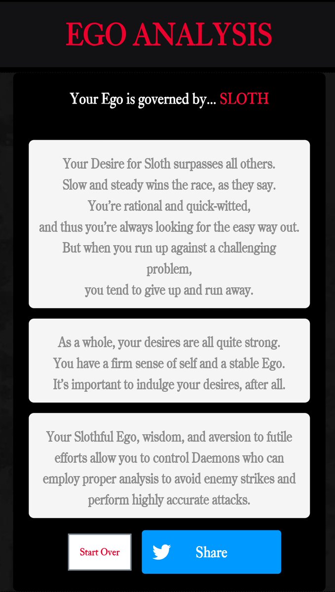 divinesabers's tweet photo. Your prevailing sin is sloth, and the intensity of your desires is strong overall.
#MONARK、#egoanalysis、 https://t.co/B07yBUZUjk
I didn't expect NISA would actually translate the Ego Test that was on the Monark JP site, but I took this twice and got the same result, LOL. https://t.co/Oce62lRTxS