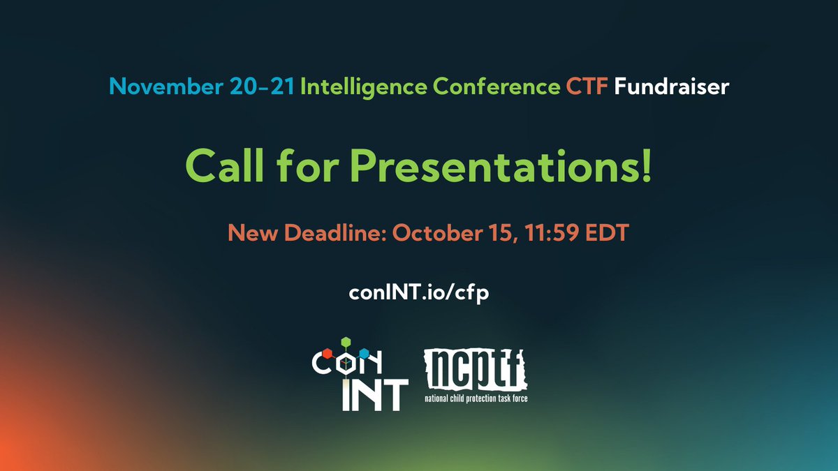 CONINT_io's tweet photo. 3 more days to submit your presentation!
Visit https://t.co/sLhXet9O8U to submit.
#conINT2021 #conINT #Intelligence #IntelligenceConference #OSINT #OpenSourceIntelligence https://t.co/rAjvLGYoC8