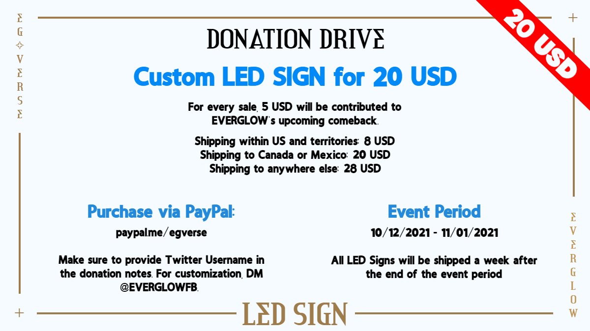 EVERGLOWFB's tweet photo. [Donation Drive] Custom LED SIGN for sale to all fandoms!

For every sale, 5 USD will be contributed to Everglow's upcoming comeback.

LED Signs are 5 x 6 inches. Submit any design request.

Sale ends 11/01/21

Notice: no profits - pricing is significantly lower than market https://t.co/eL0xUBEQgV
