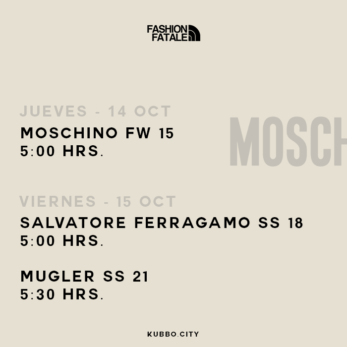 We present the schedule of events that the fashion community has for us this week.

Colombia y México: 5:00 hrs.
Chile y Venezuela: 6:00 hrs.
Argentina y Brasil: 7:00 hrs.
España: 0:00 hrs.

You can't miss it, only at Kubbo.City!