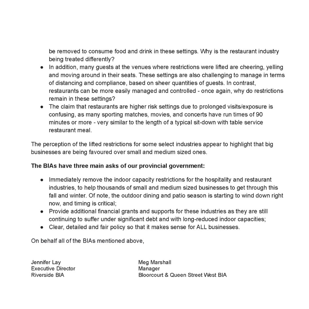 queenstreetwest's tweet photo. Read our letter asking for the indoor capacity restrictions for restaurants while sporting arenas and concerts can be at full capacity. Make it make sense Government of Ontario @fordnation https://t.co/bA0q2KZRVt