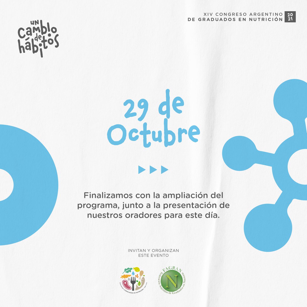 FAGRANnutricion's tweet photo. SALUD PÚBLICA 🔗
Finalizamos con la ampliación del programa, junto a la presentación de nuestros oradores para el día 29 de Octubre.

#congresonutricionargentina #actividadcientifica #alinsanluis #nutricionsalud #nutricionsanluis

@congresofagran @FAGRANnutricion @ULPSanLuis https://t.co/5NfW0QzNzf