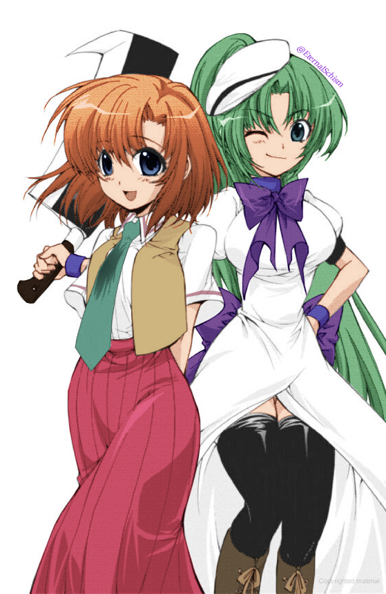 EternalSchism's tweet photo. Manga coloring from the Higurashi manga of Rena and Mion wearing each others clothing.
#Higurashi #ひぐらし卒 https://t.co/FVjpfz6jyR