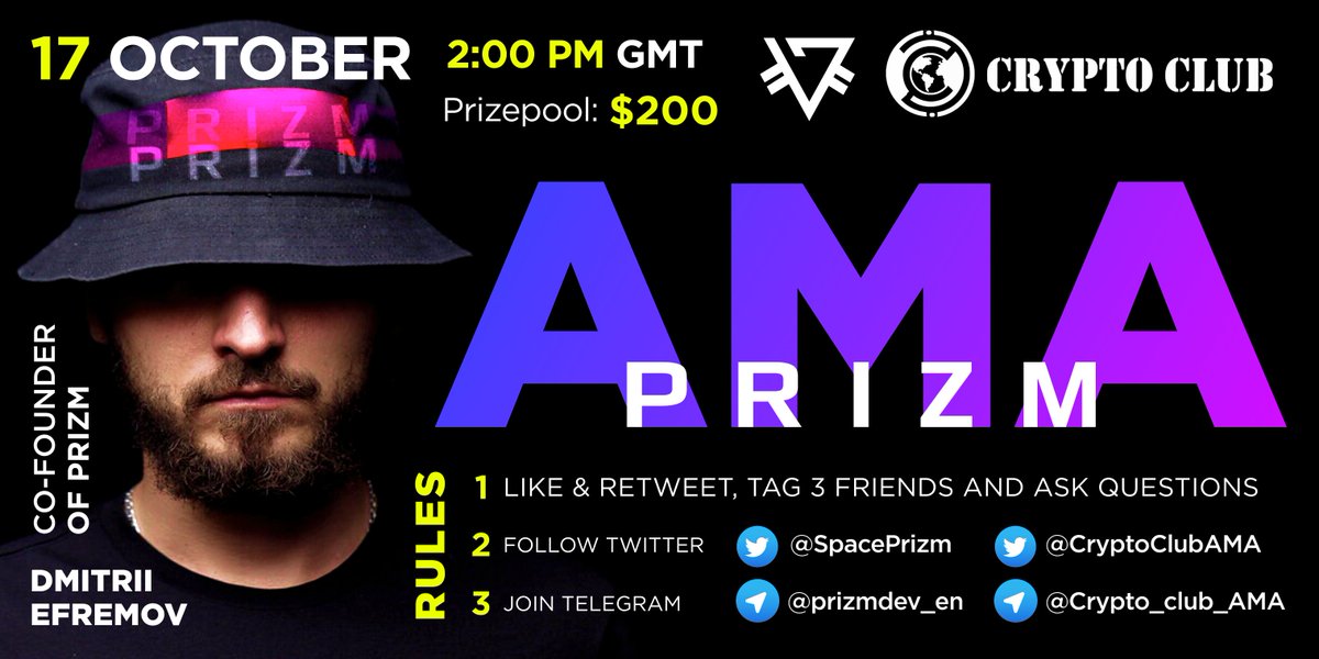 17.10 PRIZM &amp; CryptoClub 
AMA SESSION <a href="/CryptoClubAMA/">Crypto Club</a> 
#prizm #AMA #cryptoclub