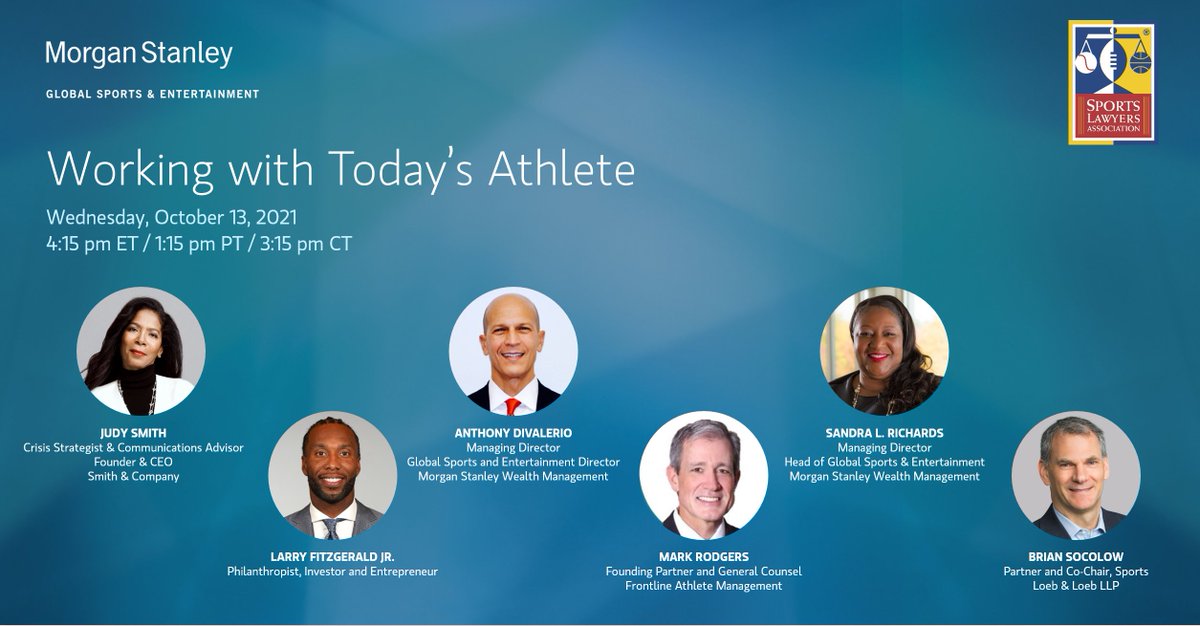 sportslawyers's tweet photo. Happening tomorrow! Join SLA and @MorganStanley for a dynamic discussion with sports and athlete management specialists for the webinar “Working with Today’s Athlete”. Learn more and secure your spot here: https://t.co/mhr83jDezL https://t.co/RDsMYMTEcK