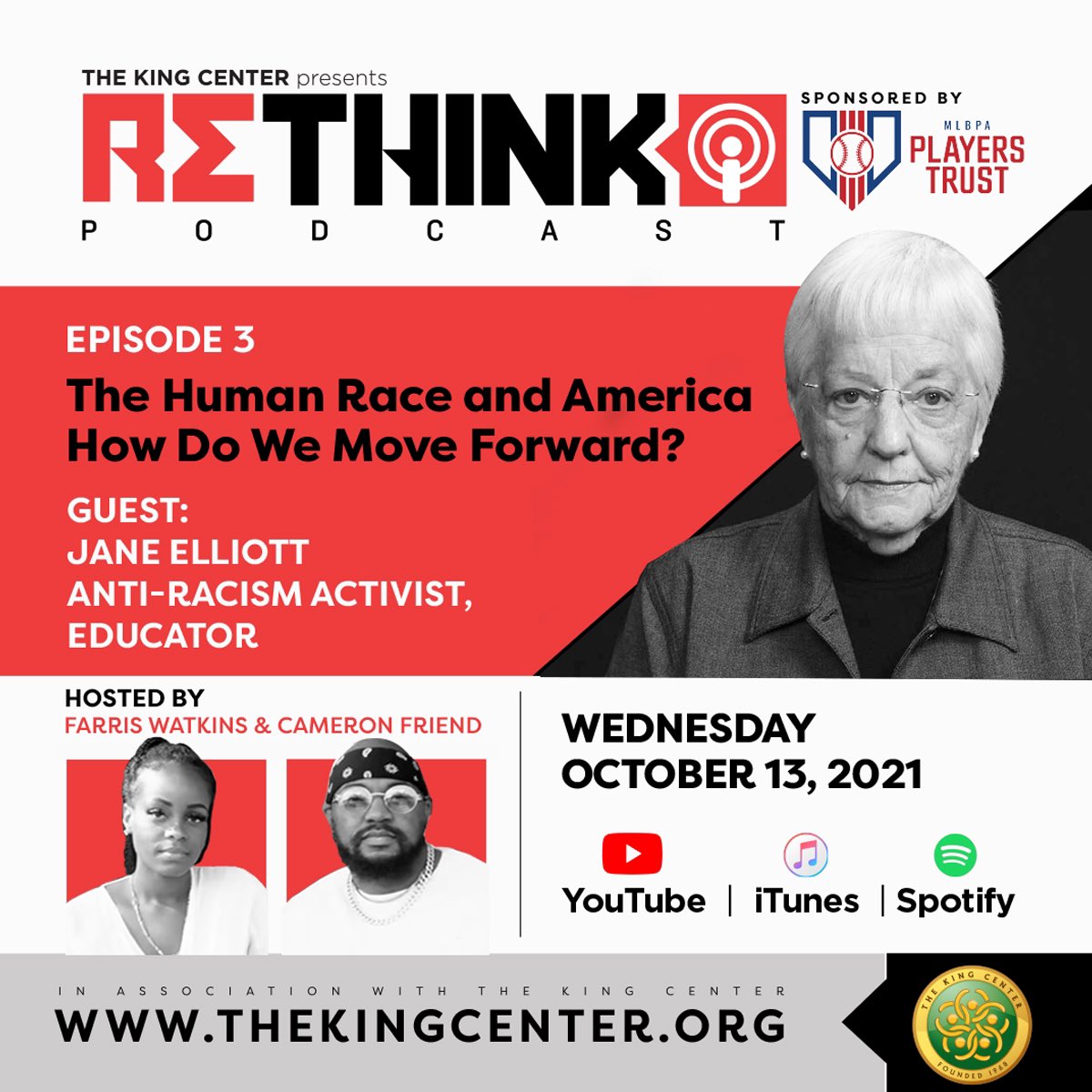 TheKingCenter's tweet photo. Our talks with Dr. Jane Elliott continue! She’s the guest on our next #ReThinkTKC #podcast episode, which drops tomorrow. Available on #iTunes #Spotify and #YouTube: https://t.co/G2cvnamApY https://t.co/zOr0j3IZlD