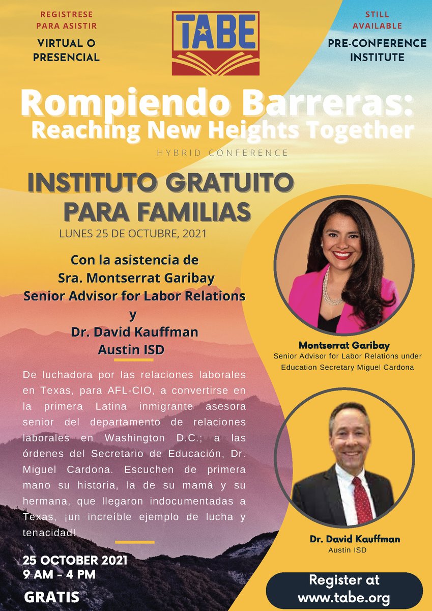 Join us October 25, 2021 for our Parent Institute! 
Visit the TABE website for more information! Or register below.

fs2.formsite.com/TABE/x7czia4ck…

#TABE2021