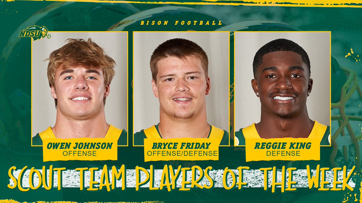 NDSUfootball's tweet photo. Running back Owen Johnson, lineman Bryce Friday and safety Reggie King are our Scout Team Players of the Week for the win over Northern Iowa. 🤘 https://t.co/XFKjt3ibic