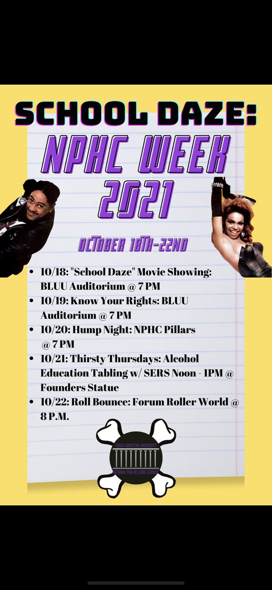 ATTENTION ‼️ NPHC week is is upon us with a weeks worth of fun! Check out these events and placed them on your schedules. Hope to see everyone out and to enjoy our School Daze themed week! 💜