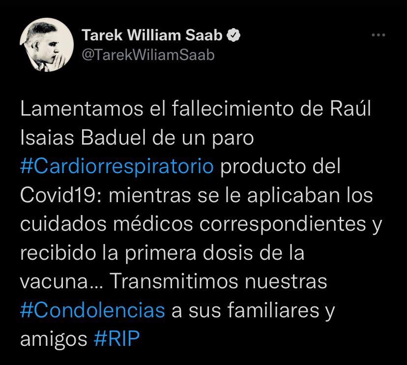 RCR750's tweet photo. #EsNoticiaAhora murió Raúl Isaías Baduel por un paro cardiorrespiratorio producto de la COVID-19, informó el fiscal de Maduro, Tarek William Saab (@TarekWiliamSaab).
Señaló que estaba bajo cuidado médico y ya había recibido la primera dosis de la vacuna. https://t.co/YZxBzN9CpT