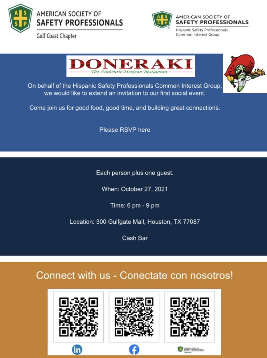 ASSPGulfCoast's tweet photo. Hola to all the Chapter members y mi gente Latina.Come join us for our 1st social event ending the Hispanic Heritage Month. We have some inspirational leaders who will give us words of wisdom. #Orale, come and join us for good food, good, y un opportunity to make great connection https://t.co/44bRGLmfyx