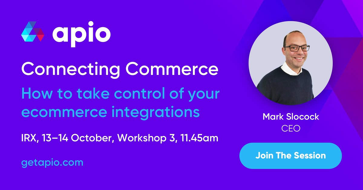 _apio's tweet photo. @mslocock will be discussing how you can take control of your integrations in Workshop 3 at 11.45am today! Don't miss it! #irx21 #innovation #ecommerce #ipaas #middleware #integrations #getapio #takecontrol #connectingcommerce #removethefriction #seamlessoperations #apioperations https://t.co/8KIaikcbmx