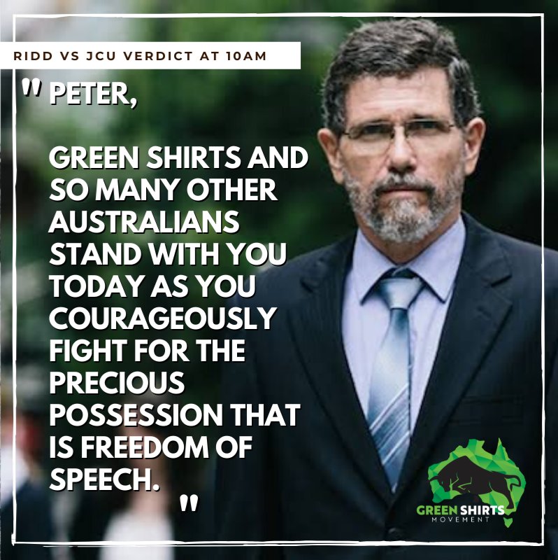 GreenShirtsQLD's tweet photo. A critical decision day for Dr Peter Ridd Vs JCU. 

Research reporting accountability is so important in establishing facts from which we determine a proper course of action.

Win, or lose Peter, we thank you for your fight to ensure values are upheld in science and not stifled. https://t.co/f83oubsxgl
