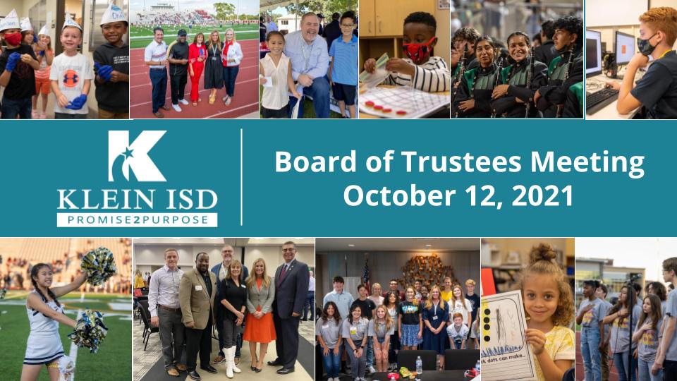 KleinISD's tweet photo. The October #KleinISDBoard meeting has begun. Follow this thread as we livetweet throughout the meeting. 

Board Agenda: https://t.co/OeKYawhrNW https://t.co/gWo4aYXZau