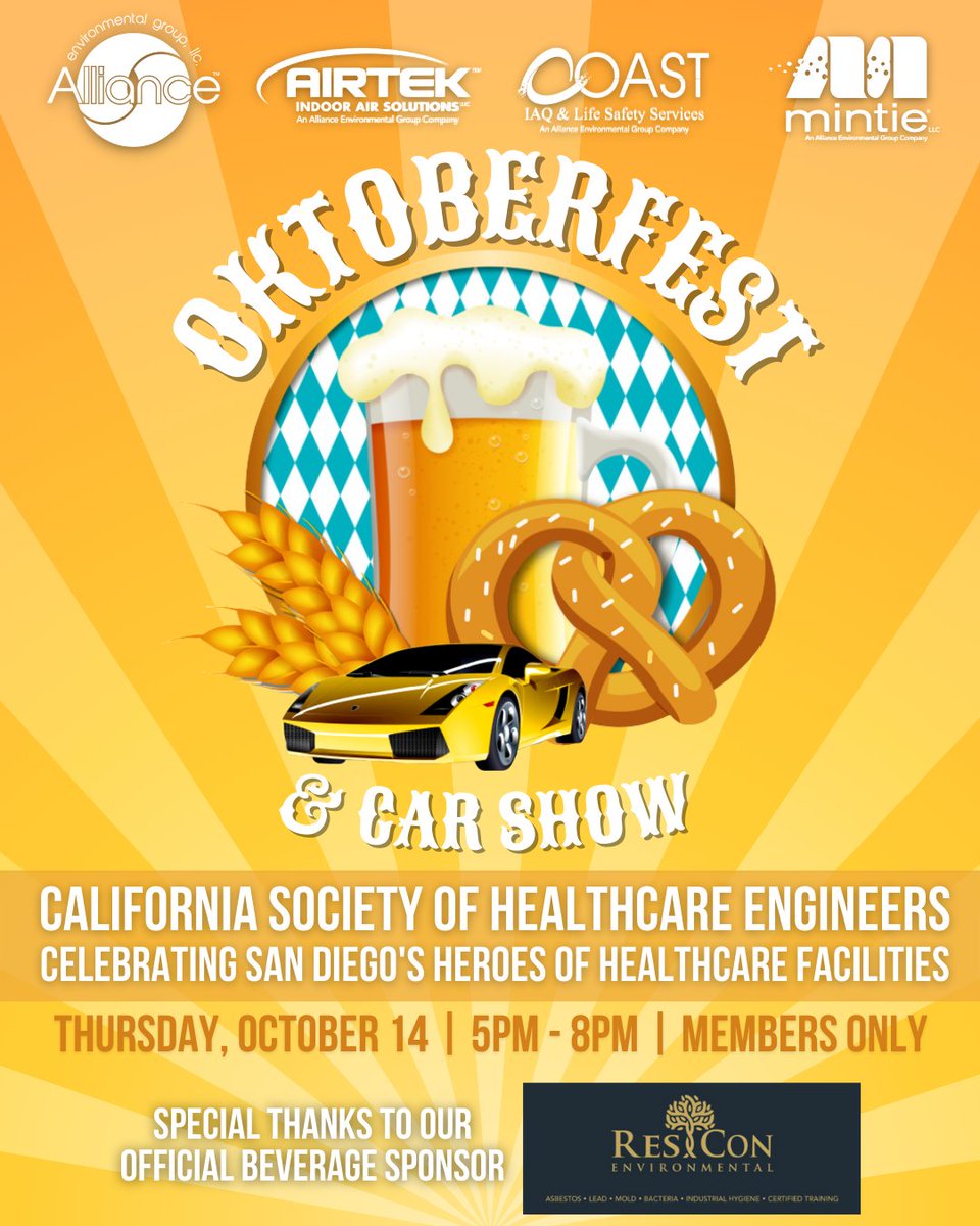 allianceenviro's tweet image. *Attn CSHE San Diego Chapter Members*
Join us for an evening of brats, handcrafted beverages, a classic car/motorcycle show, raffle prizes, and to tie it all together, a LIVE polka band! 🍻

**This is a Members ONLY Event, please RSVP through the CSHE board email. #CSHE