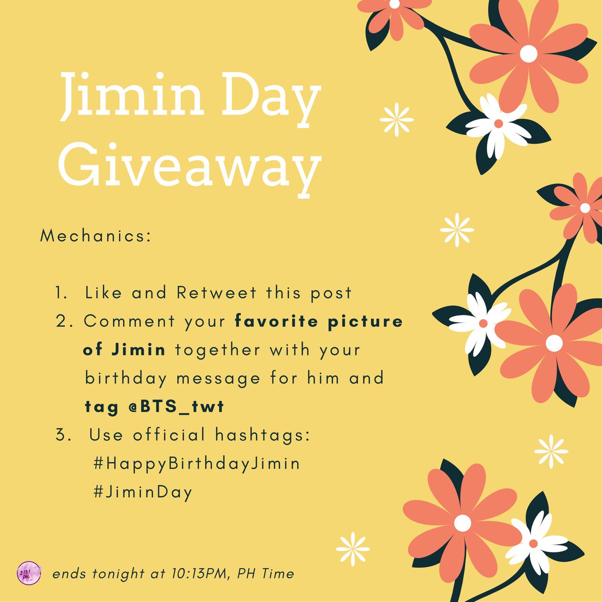 doolsetPH's tweet photo. Happy Jimin Day! @BTS_twt
#DoolSetPHGA
In celebration of Jimin's birthday, we are hosting a quick giveaway π
GA prizes:
- 4 winners of PHP 50 GCash
- 3 winners of PHP 50 worth of SMART Load (pls include in your reply if you're a SMART user)
Ends tonight at 10:13PM, PH Time https://t.co/TcpIi1gkqj
