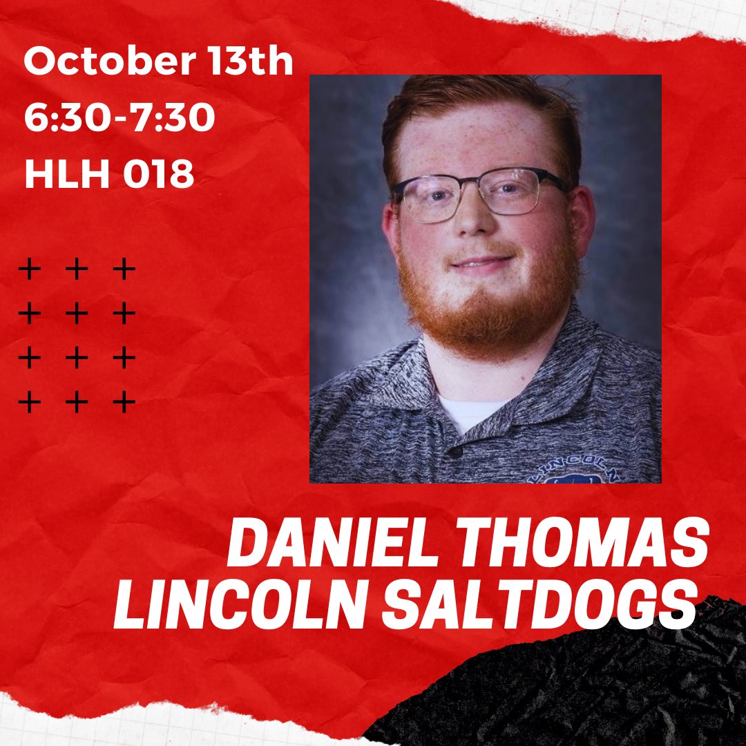NebraskaSBA's tweet photo. THIS WEEK'S SPEAKER: Daniel Thomas, Group Sales Executive from the Lincoln Saltdogs

Join us this Wednesday, October 13th, to learn more about Daniel's experience and how he has found success within the sports business industry. We will meet from 6:30-7:30pm in HLH 018. https://t.co/ptrWtAbwWP