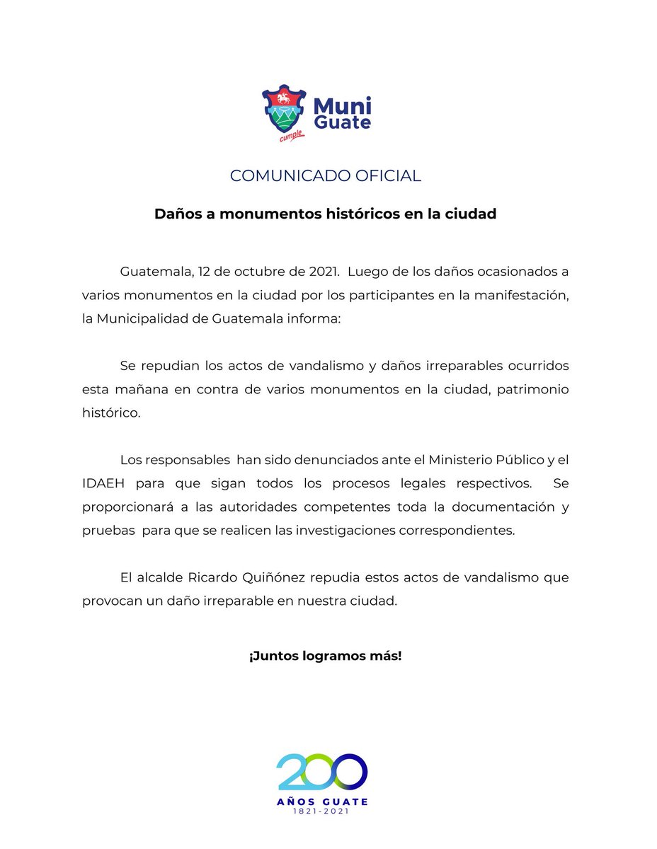 canal9digital's tweet photo. La @muniguate lanza un comunicado en donde repudia los daños ocasionados en varios monumentos de la Avenida Reforma durante la marcha contra el Día de la Hispanidad https://t.co/xyqsMxyJqs