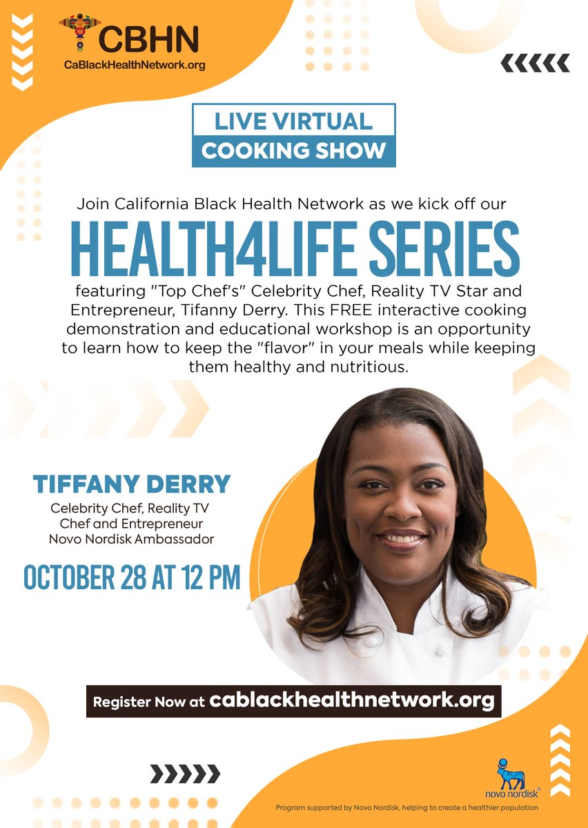 yourcbhn's tweet image. Free #VirtualCookingClass with @MasterChefTD!
Join CBHN on 10/28 12pm PT as we kick off our #Health4Life Series feat. Celebrity Chef, reality TV chef &amp;amp; entrepreneur #TiffanyDerry!

Register now: ow.ly/nEDB50GqpOm
#CBHN #NovoNordisk @novonordisk #BlackHealthNetwork #Health