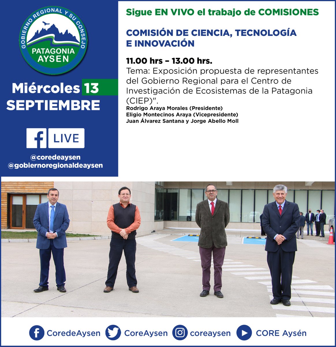 CoreAysen's tweet photo. 🔴Los invitamos a SEGUIR EN VIVO la sesión Plenaria del CORE Aysén
👉LOS ESPERAMOS¡¡¡
🌐https://t.co/ZekgS19QvS
@AndreaGoreAysen @sgbaysen @rrudolphi @MedinaCore1 @canal4_roccotv @CamposSaigg @jalvarezs https://t.co/TRWp5FIR2w