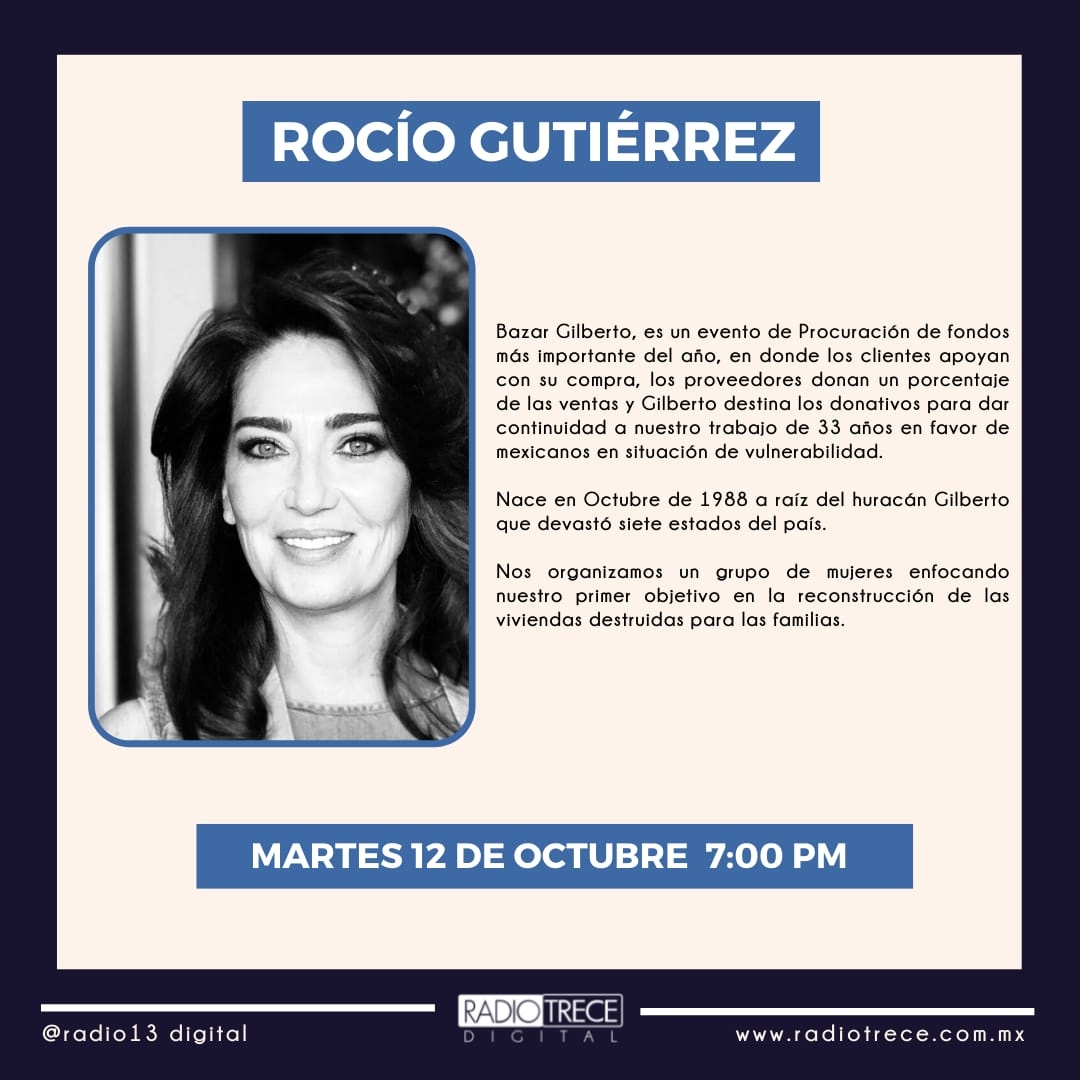 Radio13Digital's tweet photo. En #Radio13Talks @Debbyegz entrevista a Rocío Gutierrez, una de las directoras de la Asociación Gilberto AC, sobre su fundación, inicios, causas y sobre todo del Bazar Gilberto.

En vivo hoy 7PM por: 

➡️ https://t.co/agzDHGciWL

#Radio13Digital #BazarGilberto #ComprasConCausa https://t.co/6LwmeTrYzx