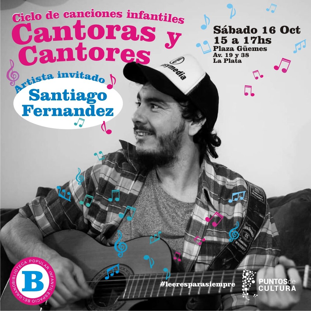 Por acá hay una fechita que se las trae _Ciclo de canciones infantiles_ 🎼 en #plazaguemes 

Aquí nuestro primer invitado Santiago Fernandez Santiago Fernández 👨‍🎤
con un acústico para grandes y chic@s!
👉🏻 *Sábado 16 de Octubre* 
👉🏻 *15hs - Plaza Güemes* #laplata*