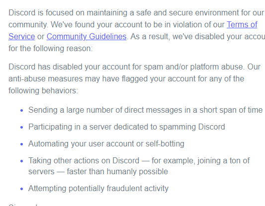 Tagetsuu's tweet photo. @discord 
Hello discord. Today I found my account terminated for the reason below. I have not done any of the actions below and I did not want to have to tweet at you about this, but all my emails have been ignored. Would you mind at least giving me reasons why this happened? Thx https://t.co/2HxxUSIrNH