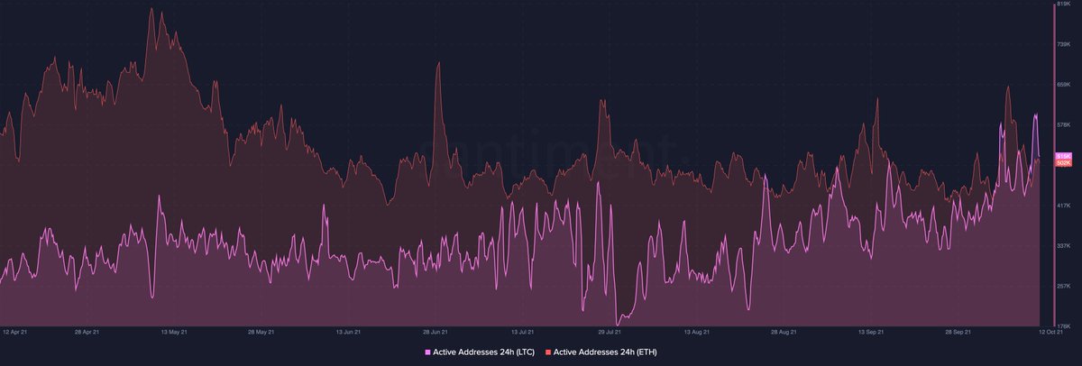 SantimentData's tweet photo. 📈 #Litecoin has just flipped #Ethereum in terms of address activity for just the third time this year. We've also discovered that #Litecoin's payment count, which quantifies the number of addresses receiving $LTC, has hit an #ATH. Read our full analysis. https://t.co/kNSwE6307m https://t.co/nOoWi257C4