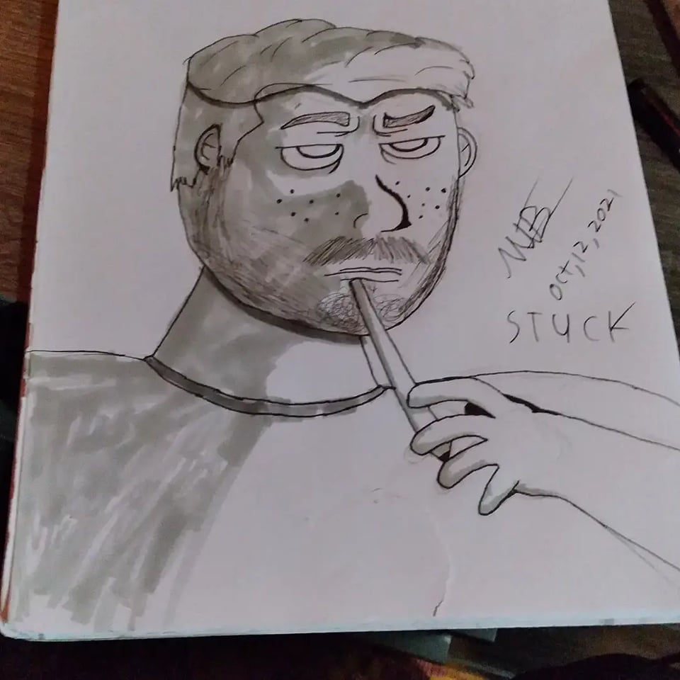 MEEPIGS_Mike's tweet photo. Stuck inktober 🖋day #12 wasn't sure what to do so i did a drawing of me being stuck on what to draw 🧠
●
●
●
#inkart #inktober #inktober2021 #inktober2021day12 #inktober2021stuck #indiegamedev #art #artist #artwork #portrait #selfportrait #drawing https://t.co/TgaG09t3dc