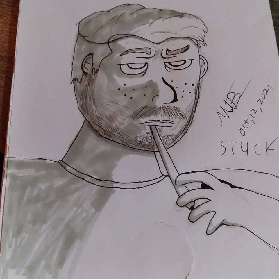 MEEPIGS_Mike's tweet photo. Stuck inktober 🖋day #12 wasn't sure what to do so i did a drawing of me being stuck on what to draw 🧠
●
●
●
#inkart #inktober #inktober2021 #inktober2021day12 #inktober2021stuck #indiegamedev #art #artist #artwork #portrait #selfportrait #drawing https://t.co/TgaG09t3dc
