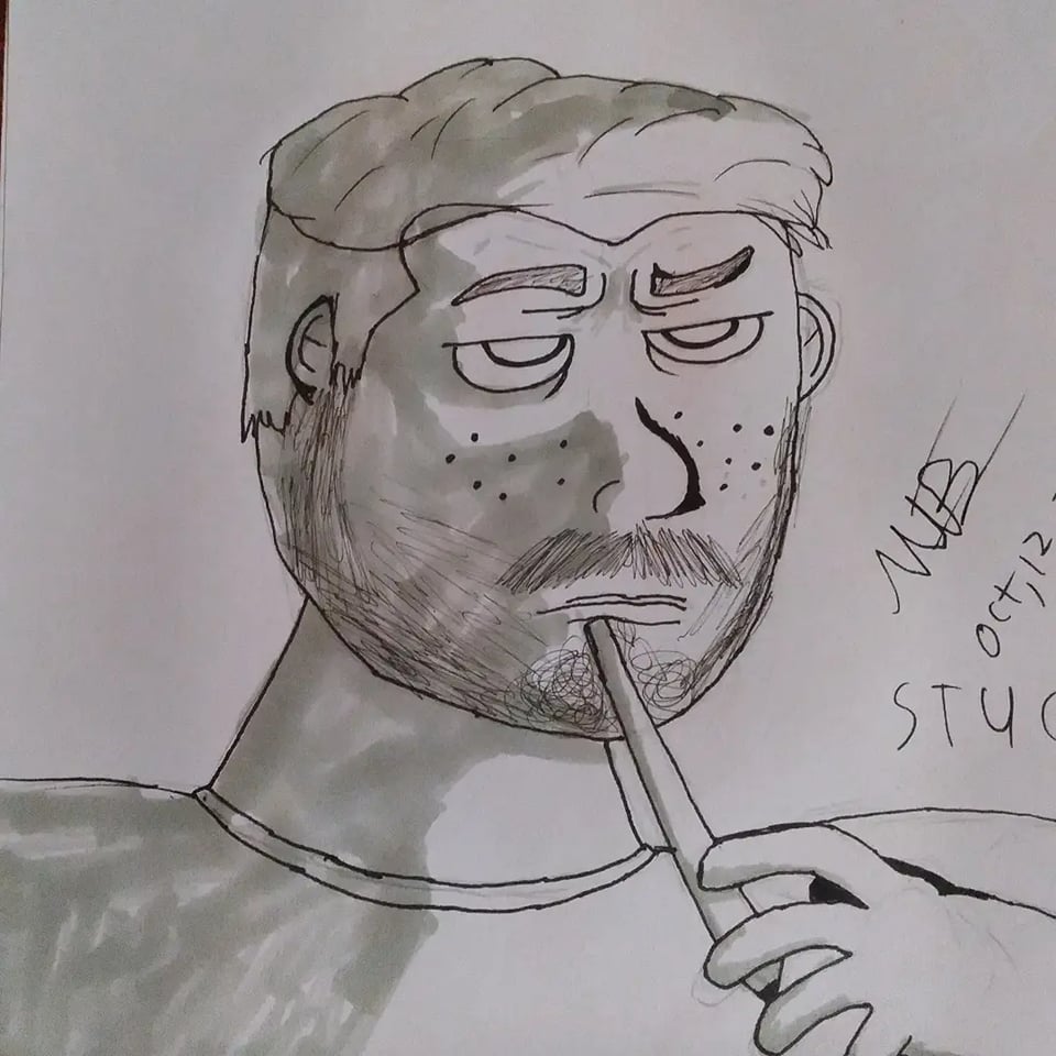 MEEPIGS_Mike's tweet photo. Stuck inktober 🖋day #12 wasn't sure what to do so i did a drawing of me being stuck on what to draw 🧠
●
●
●
#inkart #inktober #inktober2021 #inktober2021day12 #inktober2021stuck #indiegamedev #art #artist #artwork #portrait #selfportrait #drawing https://t.co/TgaG09t3dc