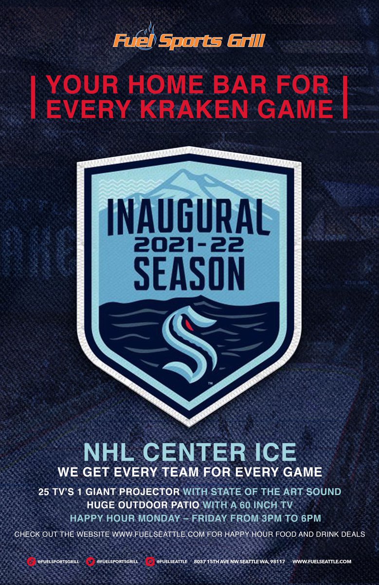 Tonight is the night! 
It’s time to get Kraken at Fuel! 💙🏒🤍
Come watch the Kraken take on the Vegas Knights at 7pm in their first game of the season!