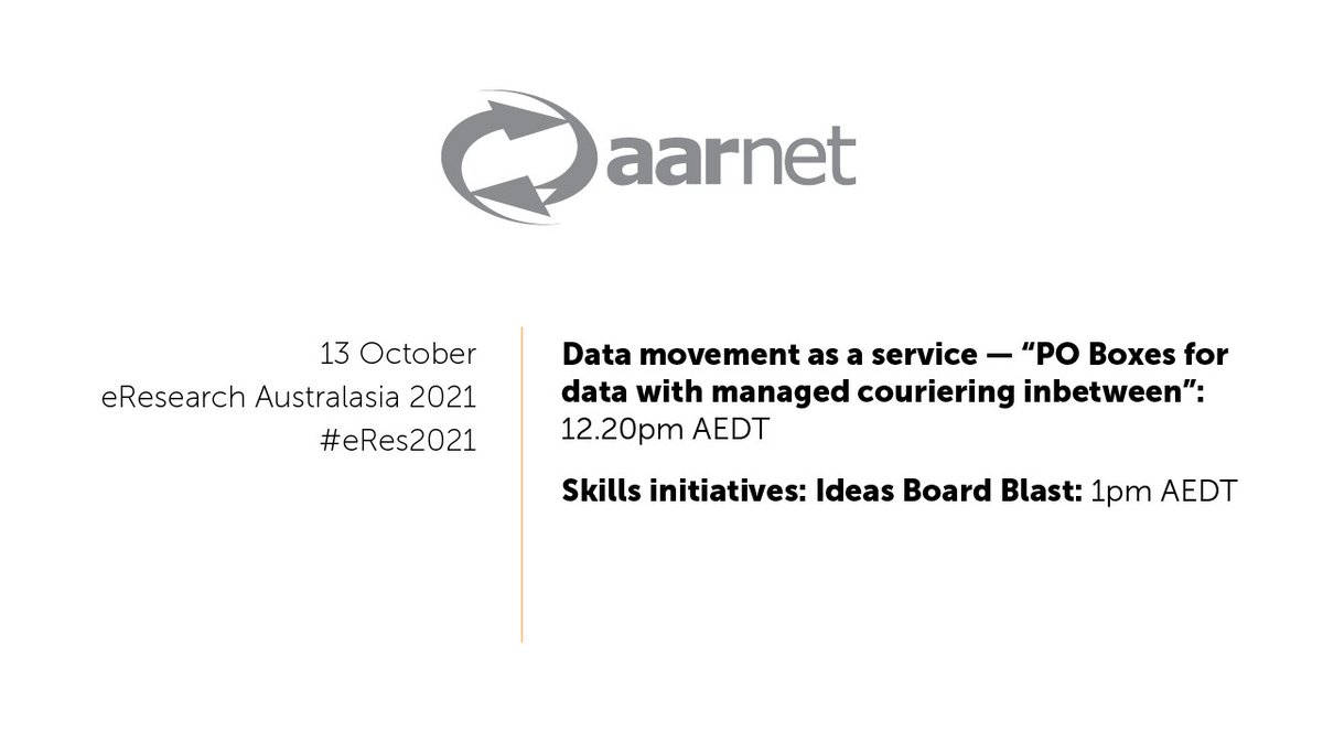 AARNet's tweet photo. We're taking part in more sessions for day 3 of @AeRO_eResearch #eRes2021!
Data movement as a service β βPO Boxes for data with managed couriering inbetweenβ: 12.20pm AEDT
Skills initiatives: Ideas Board Blast: 1pm AEDT
Register at https://t.co/ToEGwmkxQa
#eResAU #eResearch https://t.co/C5Ye4kG1bY