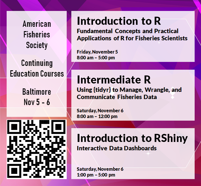 daniellequinn88's tweet photo. Attending @AmFisheriesSoc #AFS2021 in Baltimore? I'll be there, offering these Continuing Education Courses! Come #skillup!

https://t.co/RKYiSiUNbm

#rstats #rshiny #datascience #fishsci #scicomm https://t.co/vY1Ybdxzxs