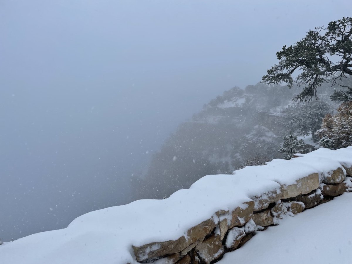 GrandCanyonNPS's tweet photo. 4 pm update, Tues, October 12, 2021. After being in a snowstorm for most of the day, the fog and clouds parted to reveal the canyon.  Expect below freezing temperatures tonight and Wednesday morning, with a gradual warming trend this weekend. 📷NPS/E. Keable, NPS/J. Baird. #AZWX https://t.co/7slR7yTcEx