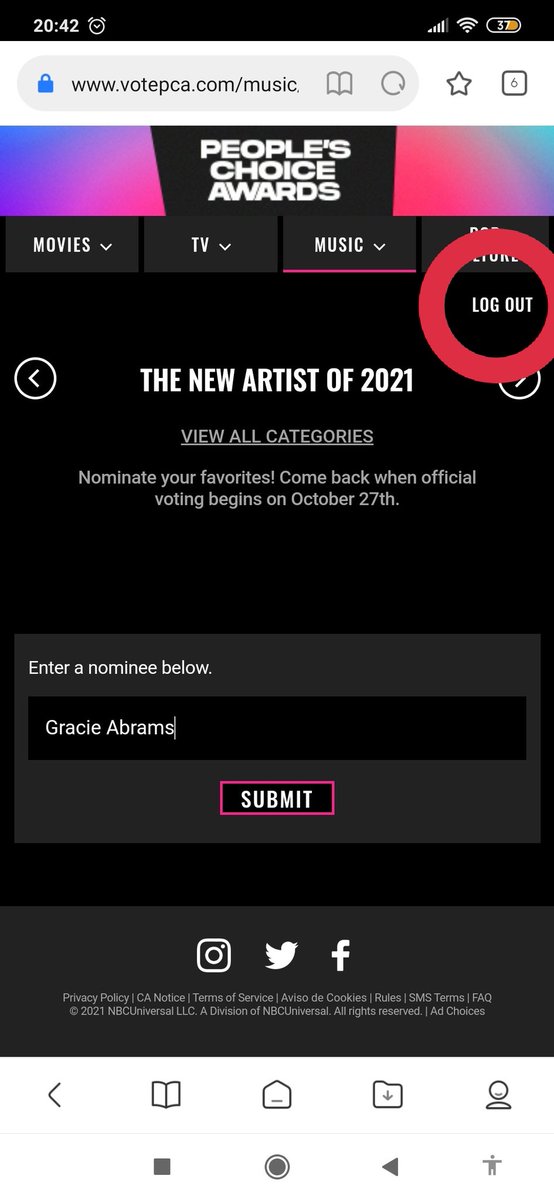 — una vez que les aparezca el cartel de la primera foto, pueden apretar "log out" (como se ve en la segunda foto) para cambiar de cuenta, y continuar votando.  

votepca.com/music/the-new-…