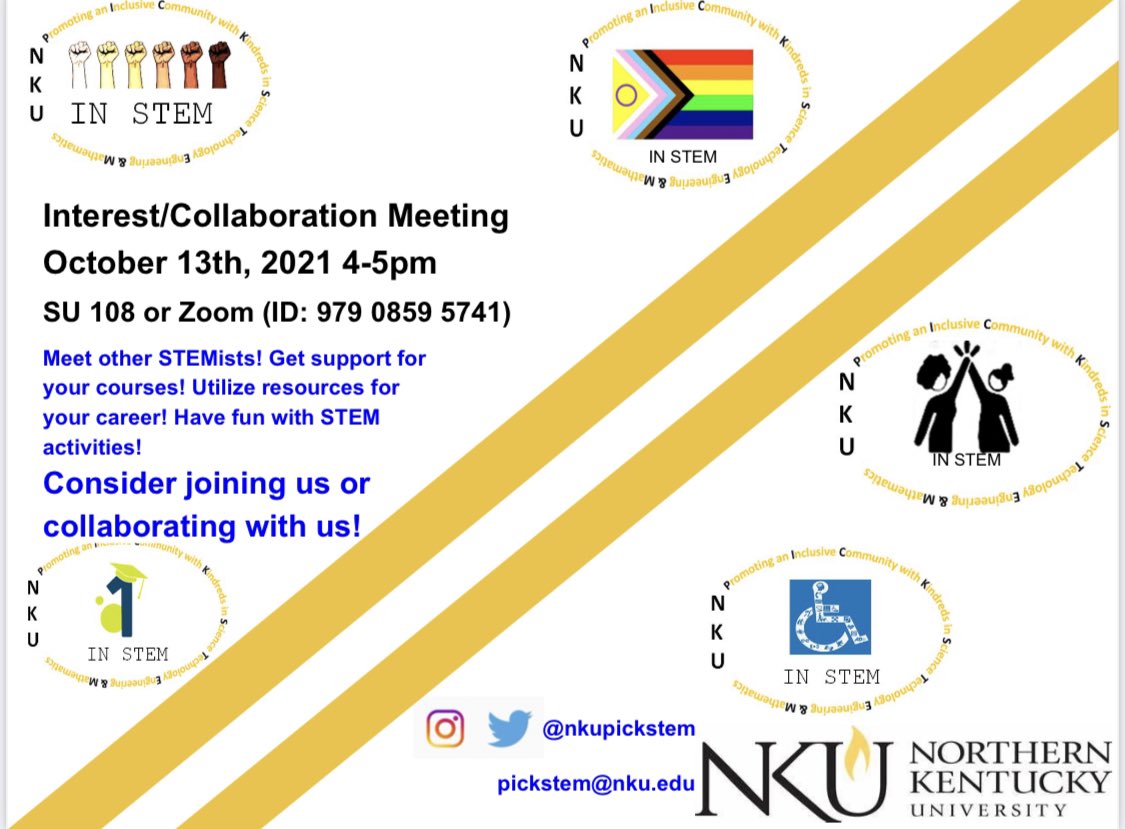nkupickstem's tweet photo. PICK STEM is having our first interest meeting tomorrow from 4-5pm @ SU 108 or via Zoom (ID: 979 0859 5741)!!💛🖤💛 #nku #pickstem https://t.co/dd899JeEle