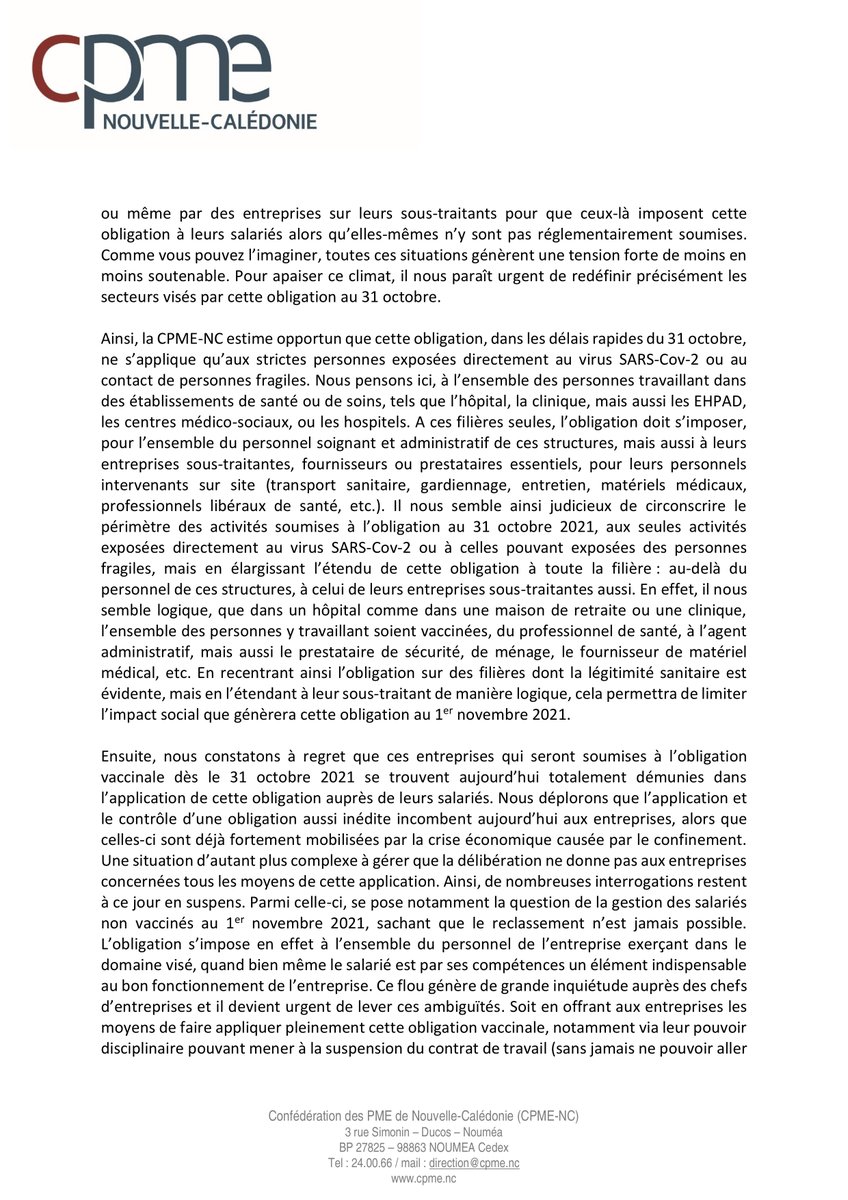 cpmenc's tweet photo. 🚨OBLIGATION VACCINALE : Communiqué de la CPME  
L’obligation vaccinale génère aujourd’hui une tension sociale dans les entreprises alors que celles-ci sont déjà en grande difficulté. La CPME-NC a alerté le Congrès et le gouvernement de cette situation 
▶Ci-dessous le communiqué https://t.co/nL4QU8aVde