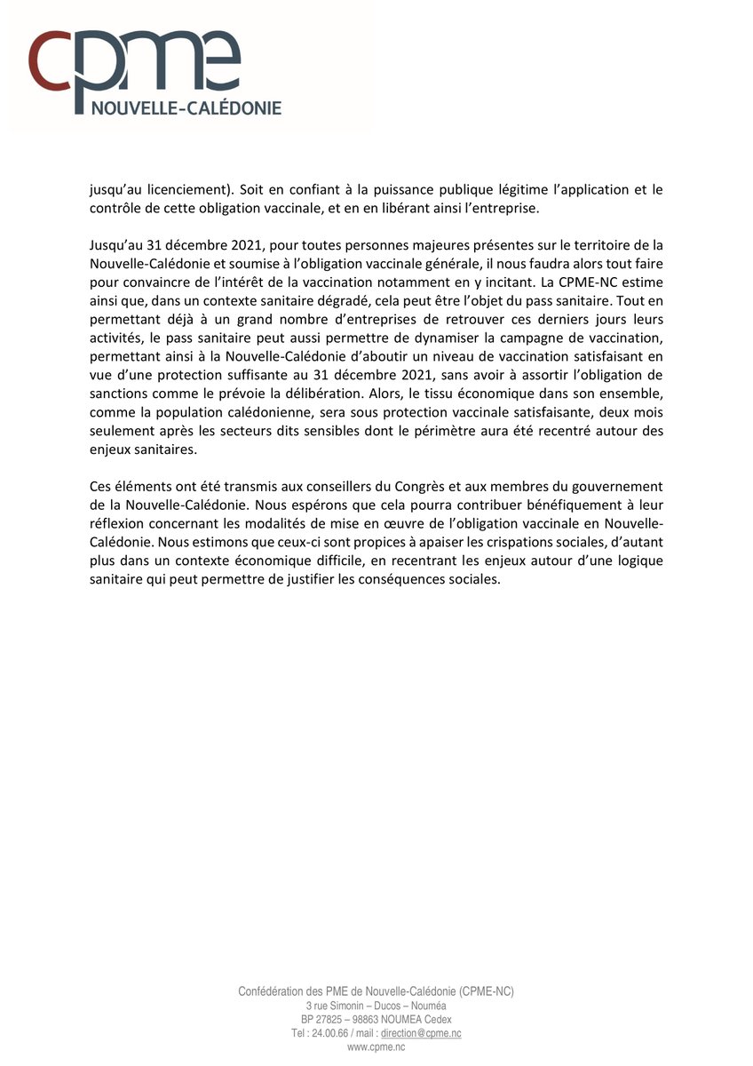 cpmenc's tweet photo. 🚨OBLIGATION VACCINALE : Communiqué de la CPME  
L’obligation vaccinale génère aujourd’hui une tension sociale dans les entreprises alors que celles-ci sont déjà en grande difficulté. La CPME-NC a alerté le Congrès et le gouvernement de cette situation 
▶Ci-dessous le communiqué https://t.co/nL4QU8aVde