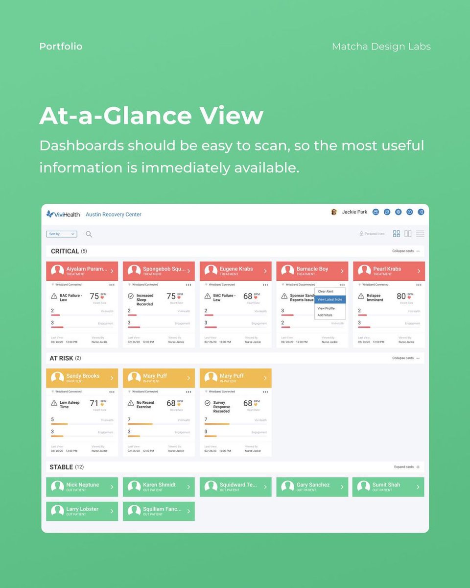 matchadesignlab's tweet photo. 👀 There is a distinct visual hierarchy using card organization &amp; color-coding to make interpreting dense data sets more seamless.

🚨 Critical status indicators are prominently featured on the client cards to ensure the intervention could be prioritized where &amp;when needed most. https://t.co/0NULP9im0X
