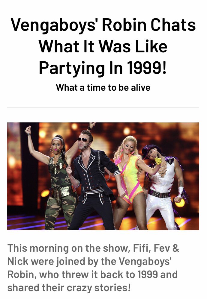 .<a href="/Robinpors/">Robin Pors</a> from <a href="/vengaboys/">Vengaboys</a> caught up with <a href="/fififevnick/">Fifi, Fev and Nick</a> <a href="/thefox1019/">The Fox 101.9</a> to chat about NEW single: ‘1999 (I Wanna Go Back)” Listen 📻 Here: hit.com.au/story/vengaboy…