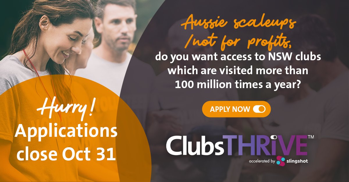 Can your #notforprofit or #scaleup help engage over 6.5 MILLION members that visit clubs more than 100 million times a year?

Apply now for the ClubsTHRIVE accelerator by <a href="/ClubsNSW/">ClubsNSW</a> focusing on #notforprofits and #scaleups, learn more here: clubsthrive.com.au