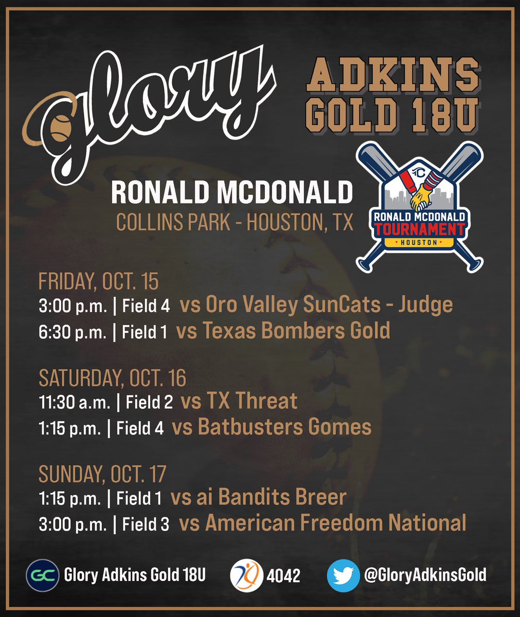 Glory Adkins GOLD 18U (@gloryadkinsgold) on Twitter photo We’re back in Houston for the <a href="/TCSFastpitch/">TC Fastpitch</a> Ronald McDonald Showcase this weekend! Check out our schedule⬇️
#HalosUp #IPlayTCS <a href="/texasgloryadkin/">Glory Adkins Softball</a> <a href="/DFWfastpitch/">DFW Fastpitch</a> <a href="/BrenttEads/">Brentt Eads</a> <a href="/ImpactRetweets/">Impact Promotions</a> <a href="/ExtraInningSB/">EXTRA INNING SOFTBALL</a> @SoftballConnect <a href="/TFLfastpitch/">Texas Fastpitch League</a> <a href="/AthletesGoLive/">AthletesGoLive</a> We’re back in Houston for the <a href="/TCSFastpitch/">TC Fastpitch</a> Ronald McDonald Showcase this weekend! Check out our schedule⬇️
#HalosUp #IPlayTCS <a href="/texasgloryadkin/">Glory Adkins Softball</a> <a href="/DFWfastpitch/">DFW Fastpitch</a> <a href="/BrenttEads/">Brentt Eads</a> <a href="/ImpactRetweets/">Impact Promotions</a> <a href="/ExtraInningSB/">EXTRA INNING SOFTBALL</a> @SoftballConnect <a href="/TFLfastpitch/">Texas Fastpitch League</a> <a href="/AthletesGoLive/">AthletesGoLive</a>