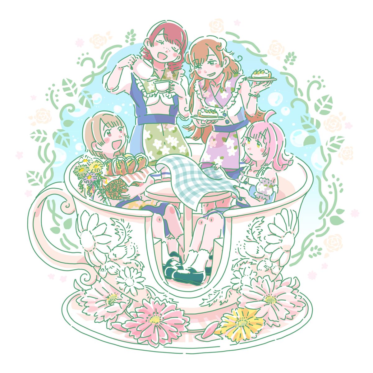 multiple girls food cup 4girls flower pink hair holding  illustration images